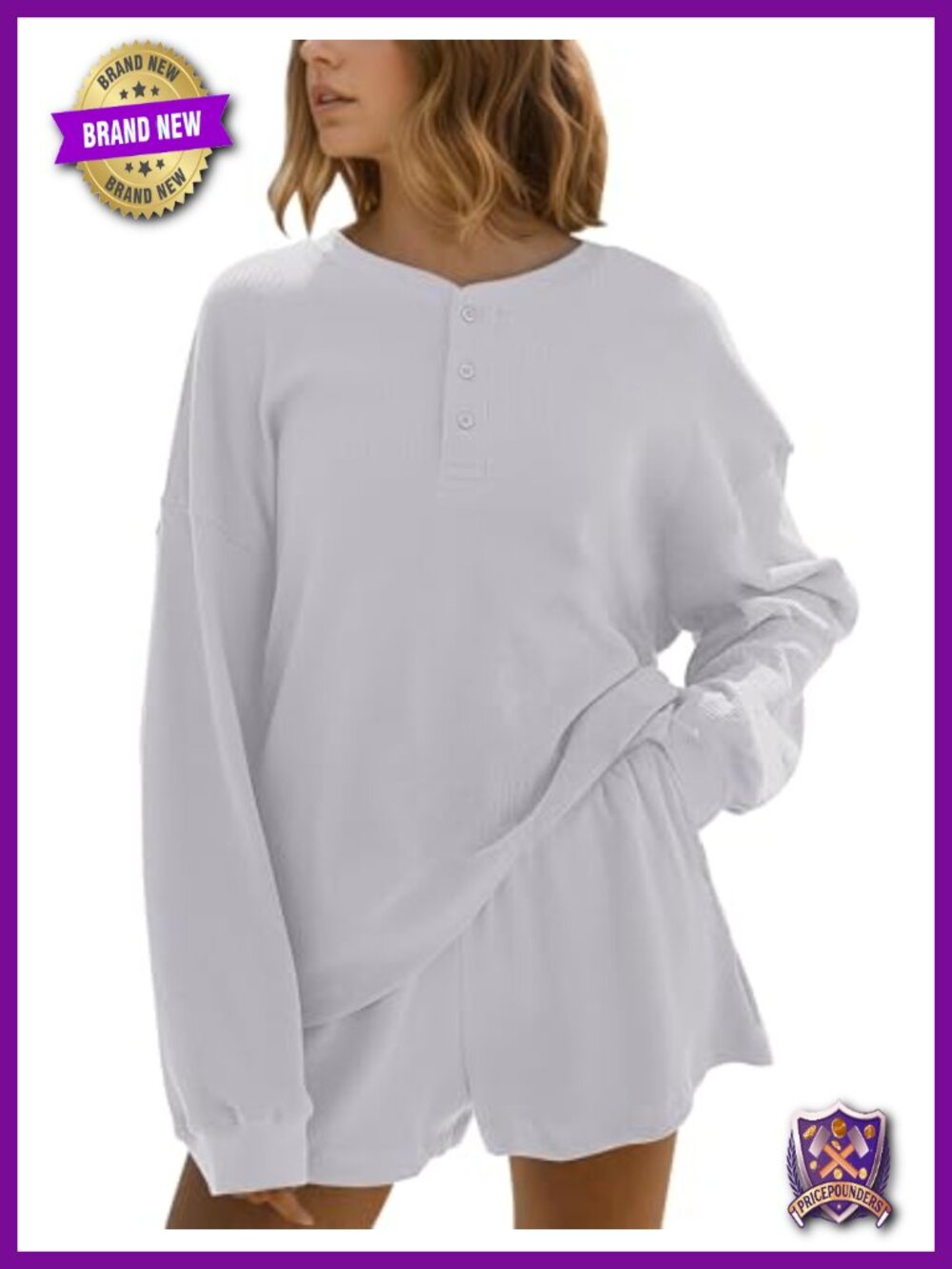 Waffle Knit Lounge Set 2 Piece Long Sleeve Sweatshirt Wide Leg Shorts